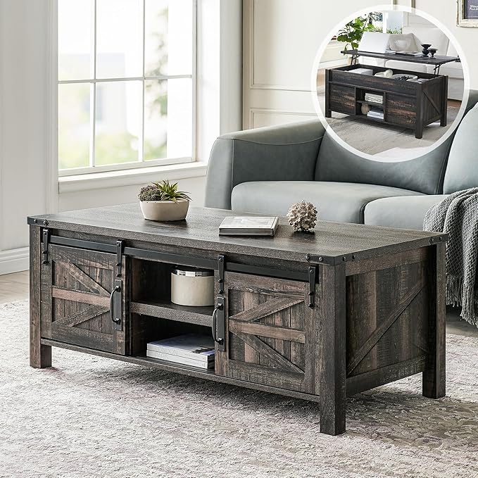OKD 48" Farmhouse Lift Top Coffee Table with Sliding Barn Door,Rustic Center Table with Hidden Storage Compartment,Lifting Tabletop and Adjustable Shelf for Living Room,Office,Dark Rustic Oak-Ruum Studio Home