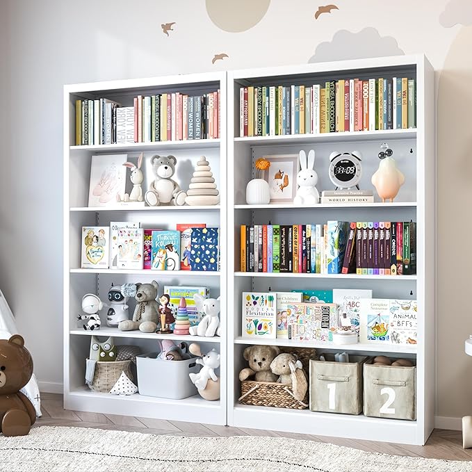 White Bookshelf, 55” Adjustable Tall Metal Bookshelf, 5-Tier Wide Bookshelf with Anti-Tilt Device, Modern Book Cases and Book Shelves for Bedroom, Living Room, Playroom, Study-Ruum Studio Home