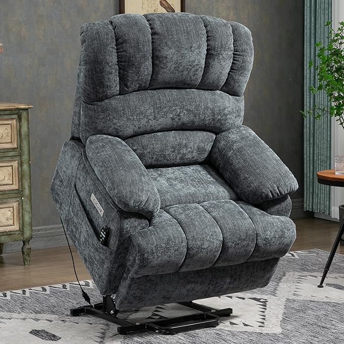 Power Lift Chair with Vibration Massage and Lumbar Heat for Elderly, Electric Recliner Chair Max 155° with Charging Ports, Blue Gray-Ruum Studio Home