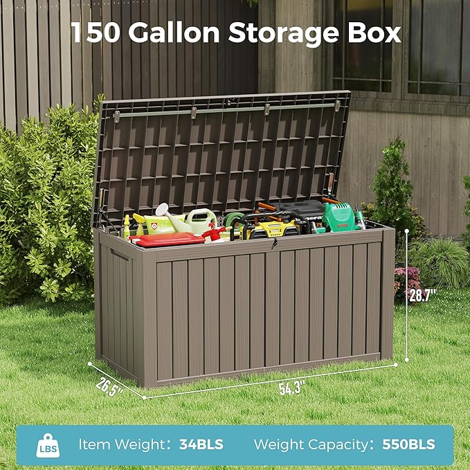 KAMABOKO Outdoor Storage Box, 150 Gallon Large Outdoor Resin Deck Box, Storage Waterproof Boxes Lockable Lid for Garden Tools, Pool Supplies, Patio Furniture and Cushions, Grey-Ruum Studio Home