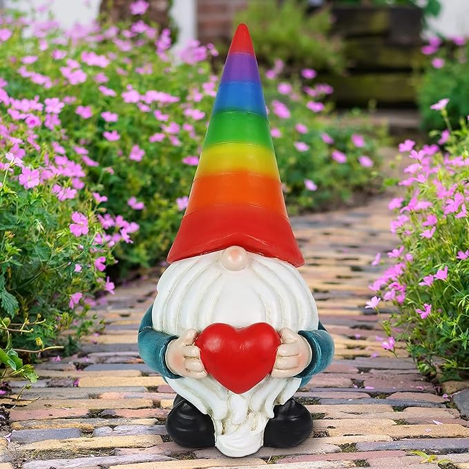 Exhart Garden Gnome, Solar Garden Gnome Statue with Heart, LED Rainbow Hat, Cute Outdoor Garden Decoration, 6 x 12.5 Inch, Multicolor, Resin-Ruum Studio Home
