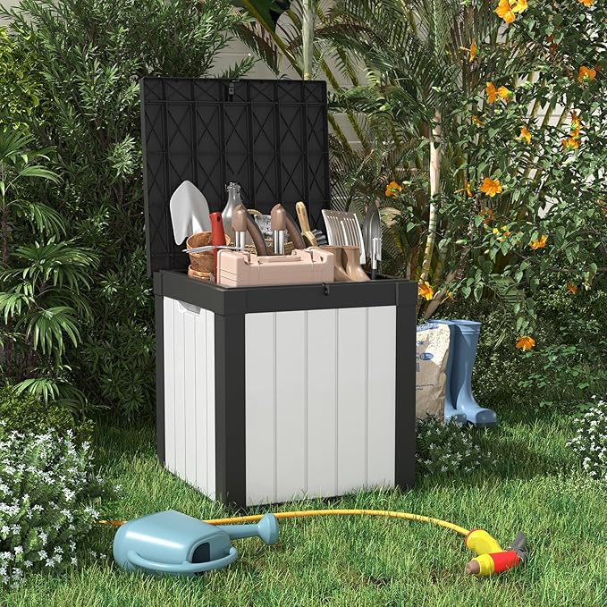 40 Gallon Resin Deck Box, Lockable Patio Outdoor Storage Box for Furniture, Garden Tools and Tools Storage, Waterproof Outside Storage Boxes - Black&White-Ruum Studio Home