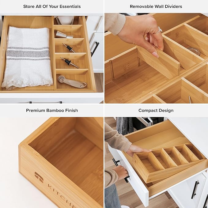 Premium Kitchen Utensils and Junk Drawer Organizer – Small 5-Compartment Design with 4 Removable Dividers, Non-Slip Feet, 100% Sustainable Bamboo-Ruum Studio Home