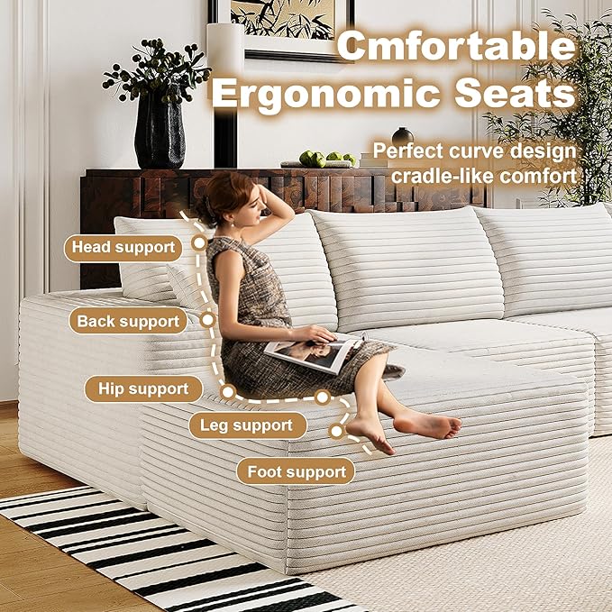 108" Sectional Couches for Living Room Modern Modular Sofa with L-Shape Couchs Upholstered Boneless Couch Deep Seat Sectional Couch with Chaise (White, Left Facing Chaise+2Seaters+1Ottoman)-Ruum Studio Home