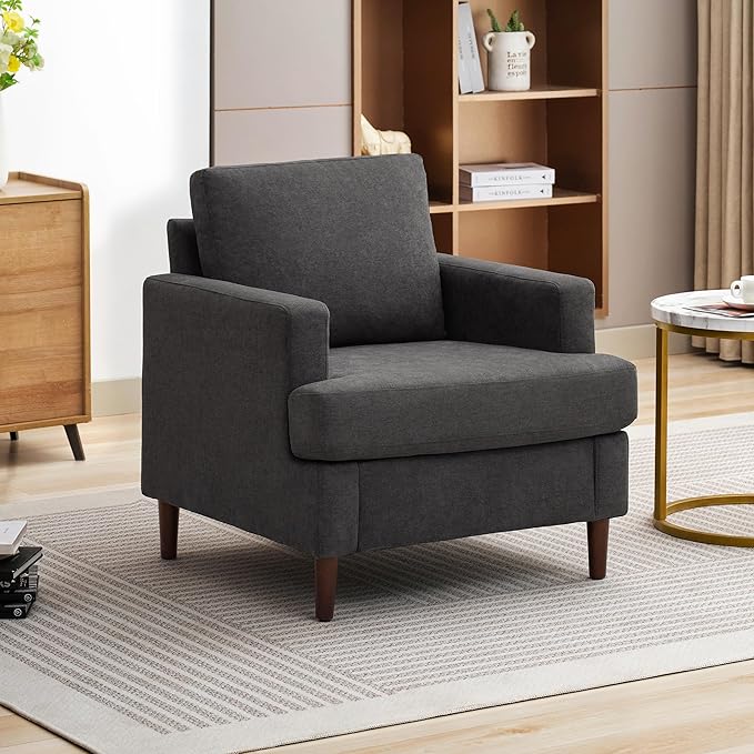 Mid-Century Accent Chair,Modern Linen Fabric Armchair for Living Room,Comfy Upholstered Reading Accent Chairs for Bedroom,Single Sofa Chair with Wood Legs (Dark Grey, 1 Pack)-Ruum Studio Home
