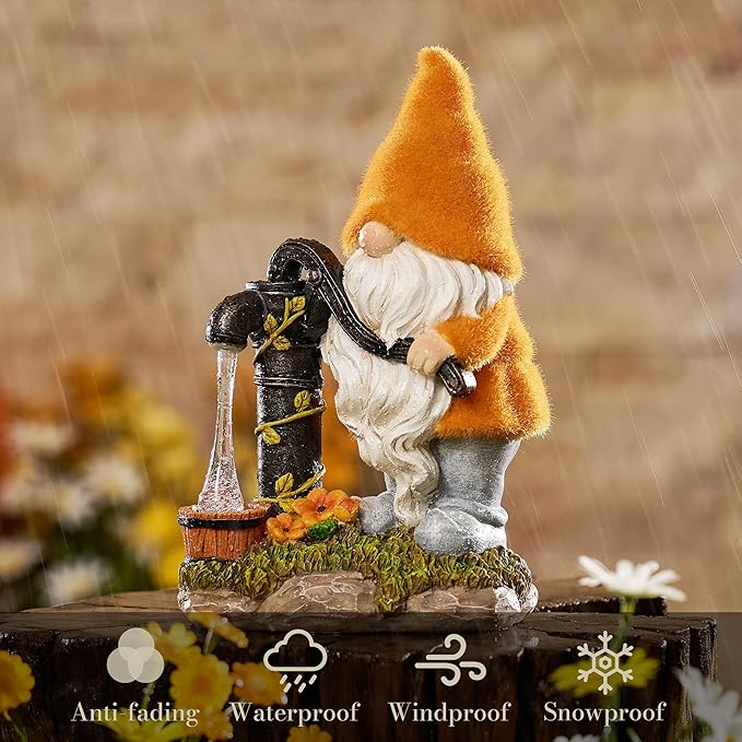 TERESA'S COLLECTIONS Fall Decor, Fall Gnomes Decor, Autumn Garden Gnomes Pumping Water with Solar Lights, Waterproof Resin Outdoor Fall Decor, Fall Gifts Outdoor/Indoor,9"-Ruum Studio Home