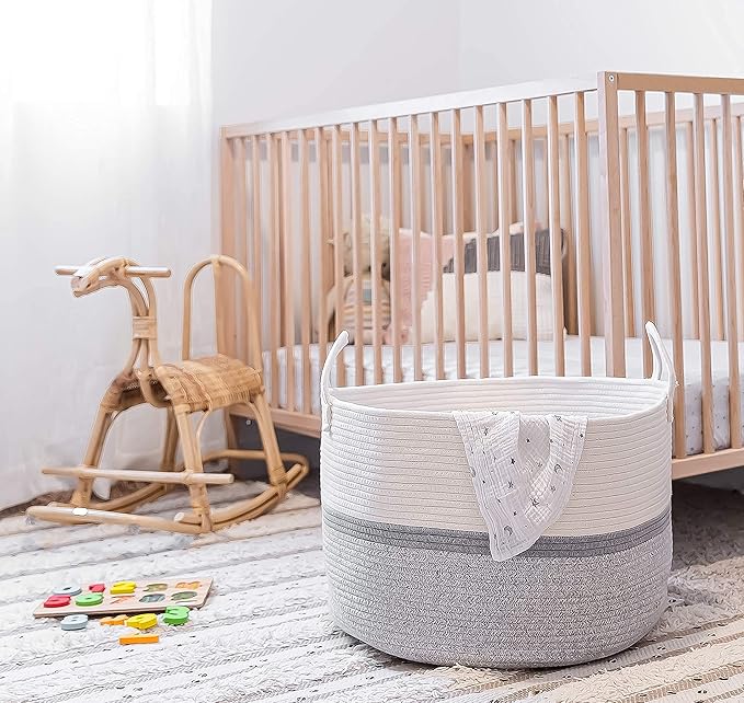 OrganiHaus Extra Large Blanket Basket for Living Room 20x13, Natural Cotton Rope Laundry Basket, Sturdy Hamper for Toy Storage, Cushions & Pillows Storage Bin, Nursery Decor Hamper - White/Gray-Ruum Studio Home