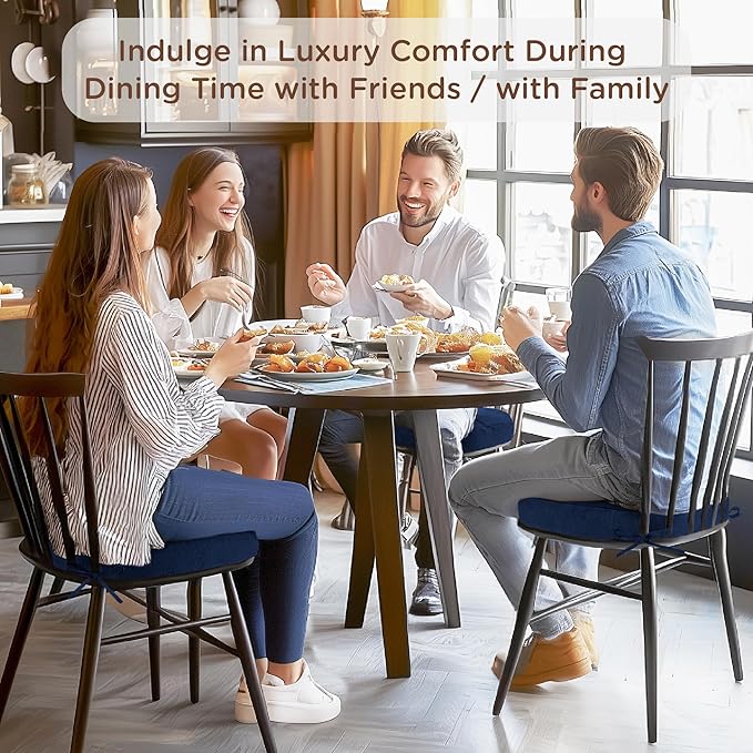 Codi Thick Kitchen Chair Cushions, Chair Pads for Indoor Dining Room 4 Pack - Washable, Non-Slip 3-Layer Seat Cushion with Ties, 16.5"x16.5"x 3.5", Set of 4, Navy-Ruum Studio Home