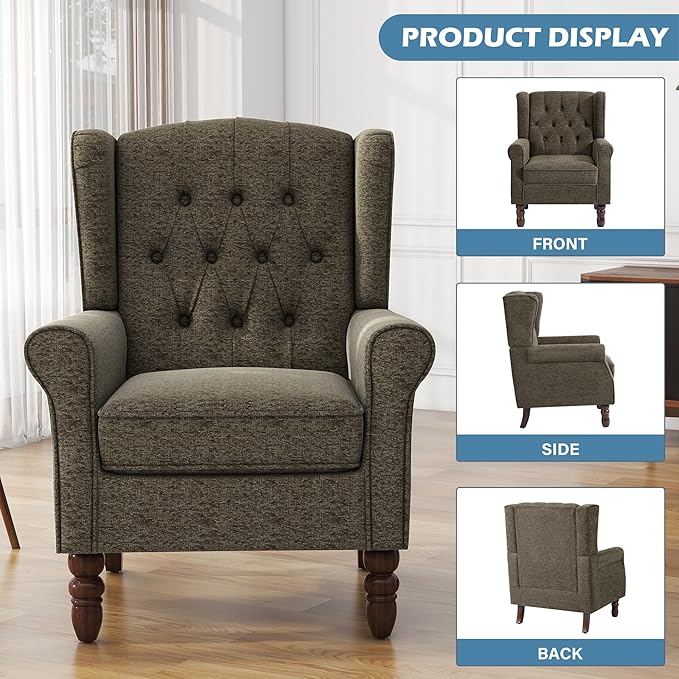 UIXE High Back Accent Chairs Set of 2, Upholstered Armchair in Fabric, Retro Wingback Arm Chair for Living Room, Comfy Single Sofa Bedroom Reading Seat with Solid Wood Legs - Taupe-Ruum Studio Home