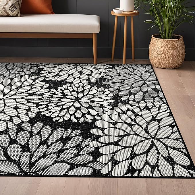 Beverly Rug Outdoor Rug 5x7 Modern Exotic Tropical Leaf Area Rugs for Indoor and Outdoor Patio Deck Porch Garden Water Resistant Washable Outside Carpet (5 x 7 Dark Gray)-Ruum Studio Home