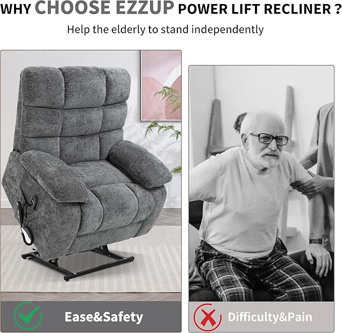 Power Lift Recliner Chair for Elderly People, Lay Flat Recliner with Vibration Massage and Lumbar Heating, Lift Chair with Infinite Position and 2 Remote Controls, Chenille Fabric Gray-Ruum Studio Home