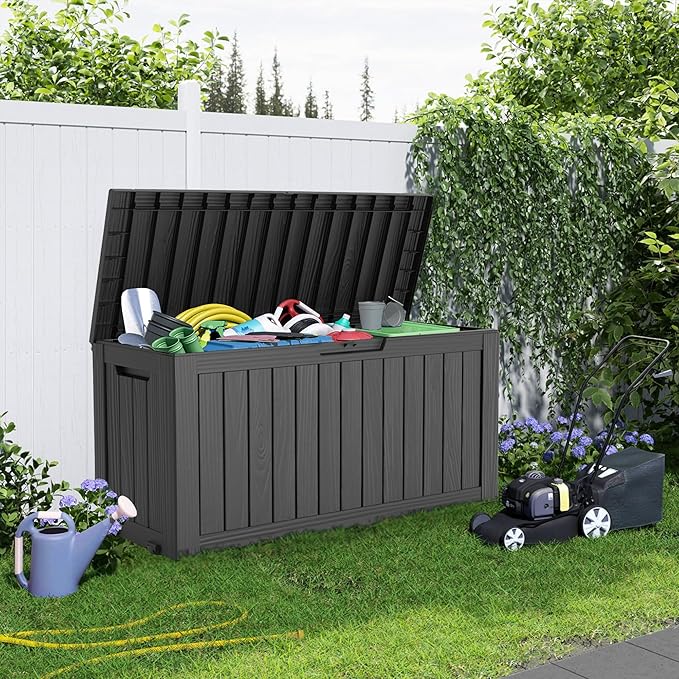 75 Gallon Resin Deck Box, Lockable Patio Outdoor Storage Box for Furniture, Garden Tools and Tools Storage, Waterproof Outside Storage Boxes - Black-Ruum Studio Home
