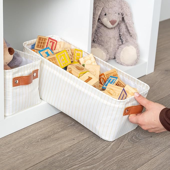 OrganiHaus Narrow Storage Bins 15x06in, Small Closet Bins for Shelves, Bathroom Storage Baskets, Narrow Baskets, Fabric Organizer with Handles, Toilet Paper Organizer - 2 Pack, White w/Brown Stripes-Ruum Studio Home