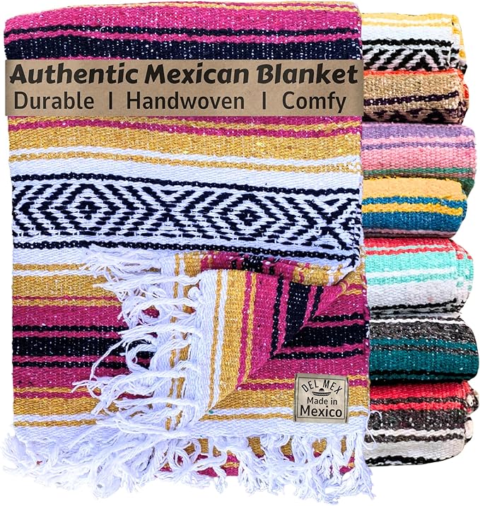 Del Mex Classic Mexican Blanket, Large Authentic Woven Falsa Throw (70"x50"), Artisan Southwest Décor for Beach, Yoga, Outdoors (Gold/Fuchsia)-Ruum Studio Home