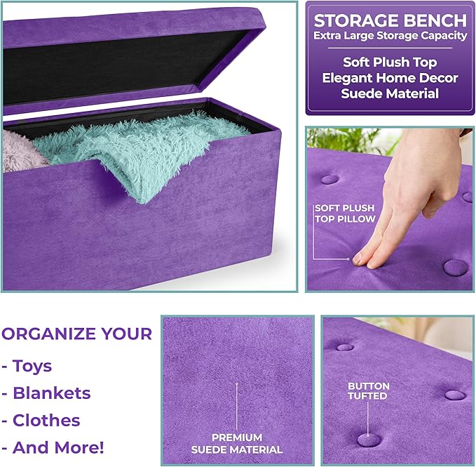 Sorbus Storage Ottoman Bench – Collapsible/Folding Bench Chest with Cover – Perfect Toy and Shoe Chest, Hope Chest, Pouffe Ottoman, Seat, Foot Rest, – Contemporary Faux Suede (Purple)-Ruum Studio Home