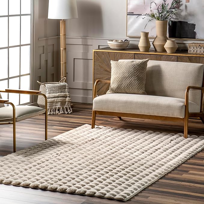 nuLOOM Jeni Solid Faux Rabbit Machine Washable Area Rug, Round 5, Beige-Ruum Studio Home