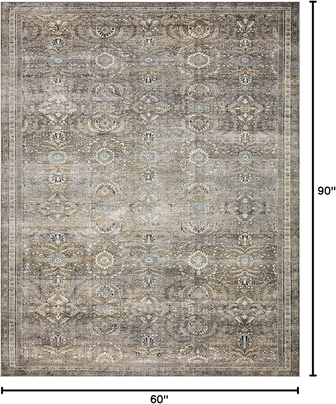Loloi Layla Collection LAY-13 Antique/Moss 5'-0" x 7'-6" .13" Thick Area Rug, Soft, Durable, Vintage Inspired, Distressed, Low Pile, Non-Shedding, Easy Clean, Printed, Living Room Rug-Ruum Studio Home