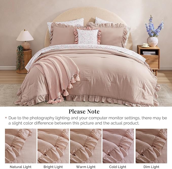 Queen Comforter Set - 7 Pieces Ruffle Pink Bedding Sets, Shabby Chic Farmhouse Bed in a Bag Queen with Ruffle Comforter, Floral Sheets, Pillowcases & Shams-Ruum Studio Home