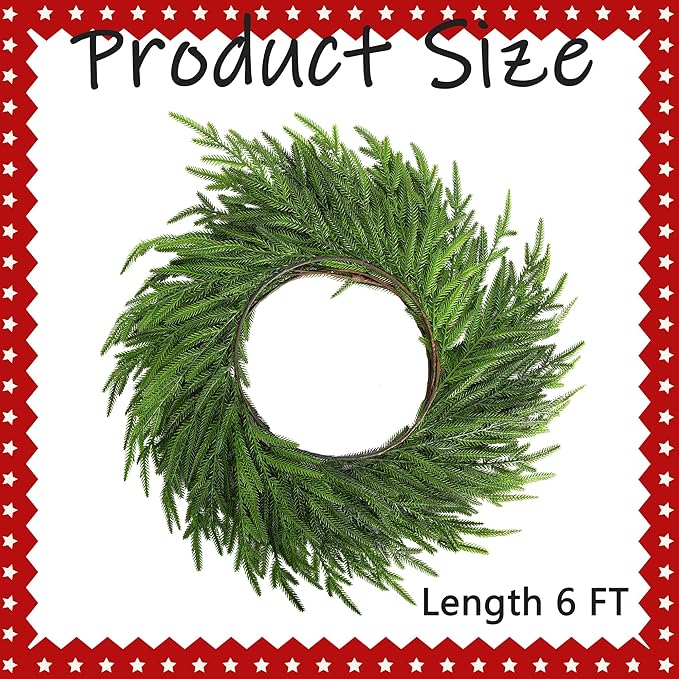 Watayo 6 Ft Christmas Norfolk Pine Garland, Dense Real Touch Pine Garland Ornament, Realistic Artificial Pines Greenery Garlands for Mantle, Table, Fireplace, Indoor, Outdoor Christmas Decoration-Ruum Studio Home