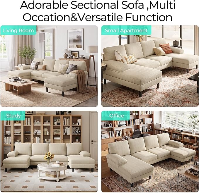 LINSY HOME Sectional Couch, 111'' W Corduroy U Shaped Sofa with Sleepable Armrests, 4 Seat Couch with Double Chaises, Deep Seat Sofa for Living Room, Beige-Ruum Studio Home
