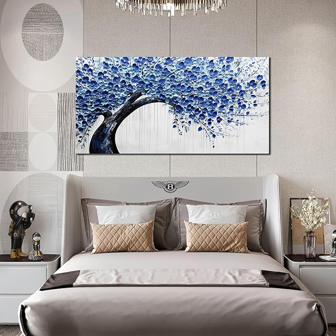 Large Wall Art for Living Room Bedroom Home Office Blue Tree of Life Wall Art Floral Picture Framed Wall Decor Modern Canvas Prints 29x59 In-Ruum Studio Home