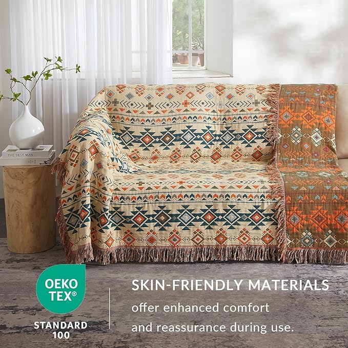Boho Throw Blanket for Couch Sofa Bed, 100% Cotton Woven Quilt with Tassel 80”x90”, Super Soft Muslin Blanket with Patchwork Printed, Decorative Reversible Bed Blanket/Cover for All Seasons-Ruum Studio Home
