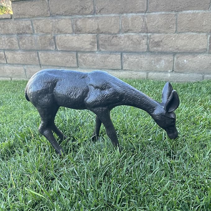 Cast Iron Deer Sculpture（11.4" Tall）, Realistic Lawn Garden Decor Statue, Lifelike Grazing Deer Figure, Outdoor/Indoor Decorative Art, Metal Animal Ornament HC3672-Ruum Studio Home