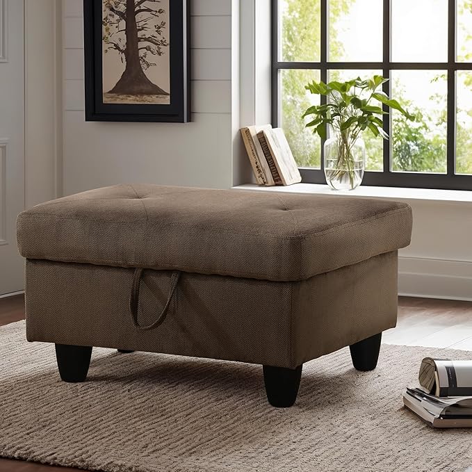 Ottoman Rectangular Storage Ottoman Bench, Flannel Footrest Stool Footstool with Lid for Living Room, Bedroom, Entryway, Dark Brown, 28.5"x19"x17.5"-Ruum Studio Home