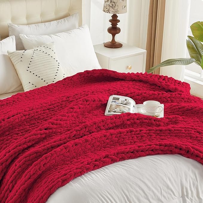 Carriediosa Chunky Knit Throw Blanket 50" X 60", 100% Hand Made Large Chenille Loop Yarn Soft Fluffy Throws for Couch Sofa Bed, Big Crochet Cozy Heavy Thick Cable Woven Blankets, Red-Ruum Studio Home
