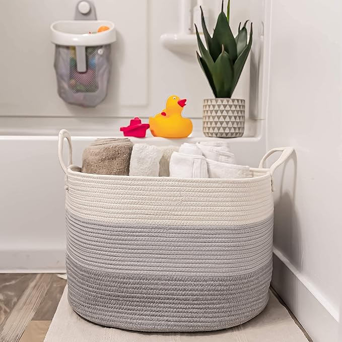 OrganiHaus Large Laundry Basket, Woven Cotton Rope Basket for Blankets, Toy Storage, Nursery Hamper, Living Room Decor Organizer, Soft & Durable Hamper with Handles, 20x13 inches - Gray-Ruum Studio Home