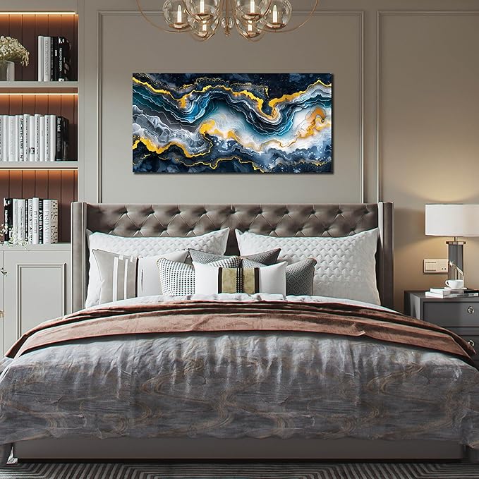 GUGIKA Abstract Wall Art for Living Room, Gold Black and Blue Canvas Wall-Art for Bedroom, Ocean Landscape Print Paintings, Size 40x20 Inches-Ruum Studio Home