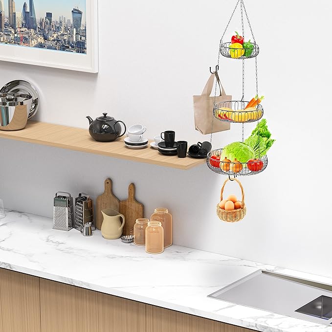Simple Houseware Adjustable Metal Hanging Fruit Basket, Oblate, Black, 11" W x 11" L x 30" H-Ruum Studio Home