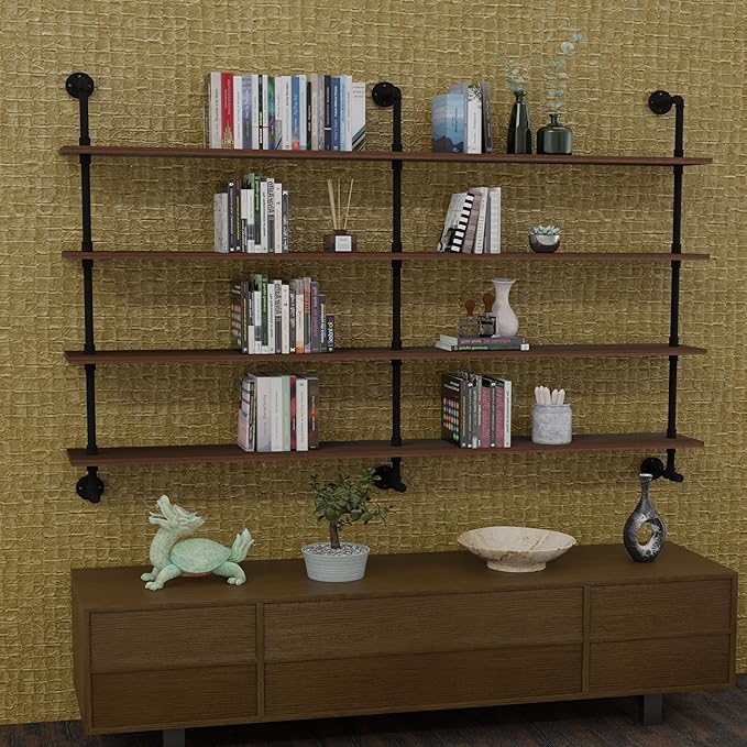 Industrial Pipe Wall Shelves Pipe Shelving with Real Wood Plank,60 Inches Floating Shelves for Wall Farmhouse Pipe Book Shelves Dark Brown 4 Tier for Kitchen,Living Room Decor and Bar Shelving-Ruum Studio Home