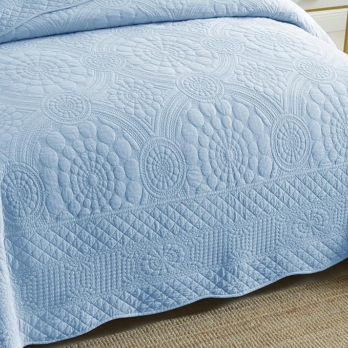 MarCielo 3-Piece 100% Cotton Oversized Bedspread Lightweight Quilt Coverlet Embroidery Farmhouse Bedding Set (Tf Light Blue, Oversized Queen (100"x106"))-Ruum Studio Home