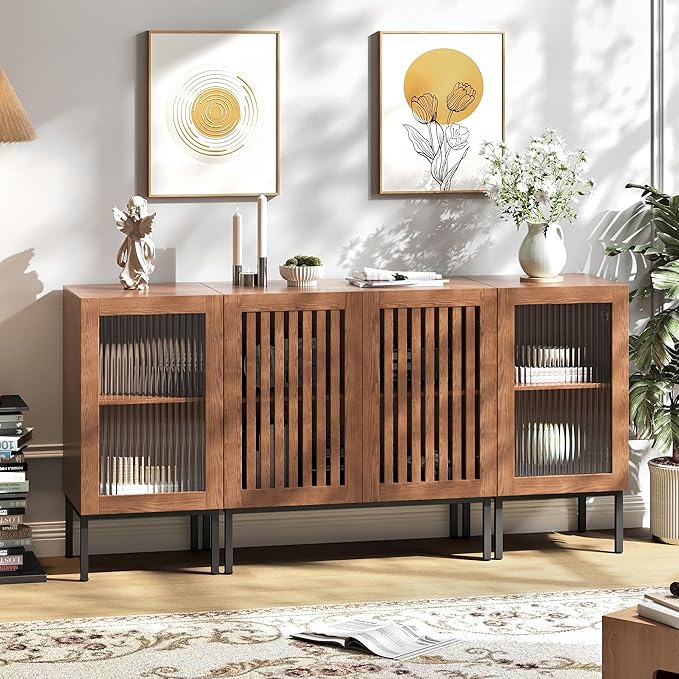 Farmhouse TV Stand for TVs up to 70 Inch, Entertainment Center TV Console with Storage Cabinets and Glass Doors,Media Console for Living Room,Brown-Ruum Studio Home