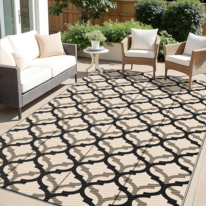 OLANLY Reversible Outdoor Rug 5x8 ft Clearance, Waterproof Outdoor Plastic Straw Rug with Interlacing Pattern, RV Mat for Patio, Camping, Balcony, Deck, Backyard, Black & Beige-Ruum Studio Home