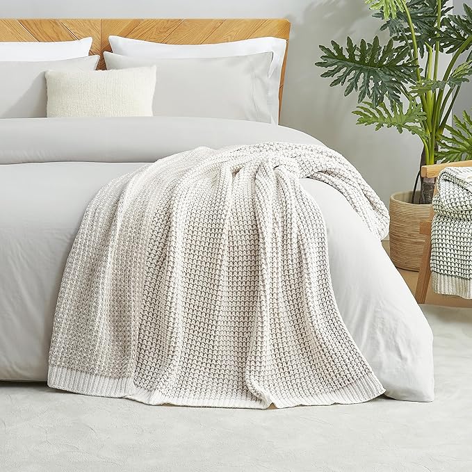 Amélie Home Chenille Waffle Throw Blanket for Couch, Reversible Pineapple Stitch Knit Soft Cozy Knit Blanket Lightweight Warm Decorative Throw for Sofa, Bed, Living Room, 60"x80", Beige&Ivory-Ruum Studio Home