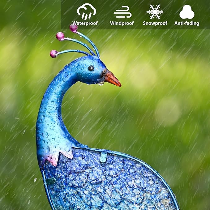 TERESA'S Collections Garden Decor Blue Peacock with Solar Outdoor Lights, 40" Glass Yard Art for Outside, Decorative Metal Stake Outdoor Decor for Lawn Decorations, Patio, Gifts for Mom-Ruum Studio Home