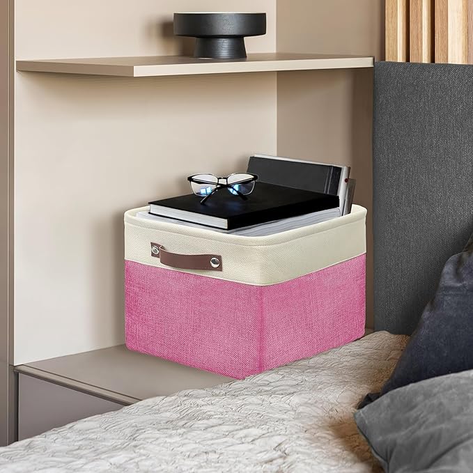 SIMPLE HOUSEWARE Large Fabric Storage Bin, 15" x 11" with Leather Like Handles, 3 Pack, Pink-Ruum Studio Home
