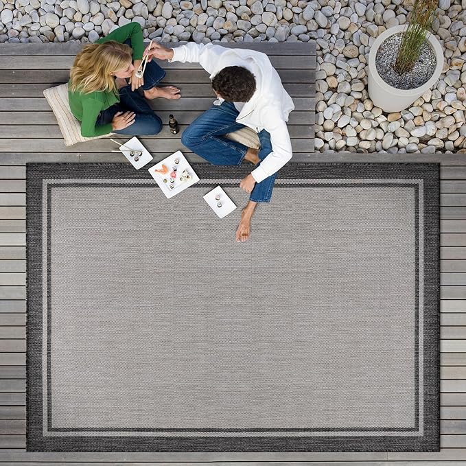 CAMILSON Indoor Outdoor Rug, 5x7 Bordered Gray Modern Area Rugs for Indoor and Outdoor Patios, Kitchen and Hallway Mats, Washable Porch Deck Outside Carpet (Bordered Grey, 5 x 7)-Ruum Studio Home
