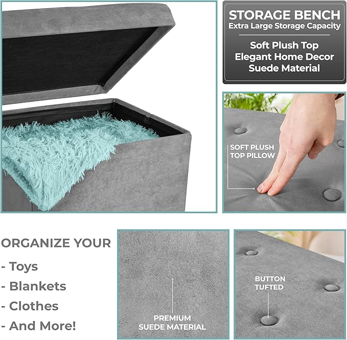 Sorbus Storage Ottoman Bench – Collapsible/Folding Bench Chest with Cover – Perfect Toy and Shoe Chest, Hope Chest, Pouffe Ottoman, Seat, Foot Rest, – Contemporary Faux Suede (Gray)-Ruum Studio Home