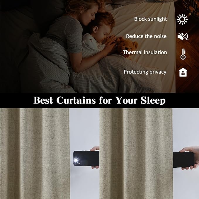 RAIN CITY Light Taupe Blackout Linen Blend Curtains 2 Panels,70 Wide Back Tab Pinch Pleated Look Window Drapes with Hooks,Track System Curtain Panels for Sliding Door Modern Farmhouse 70x90 Inch-Ruum Studio Home