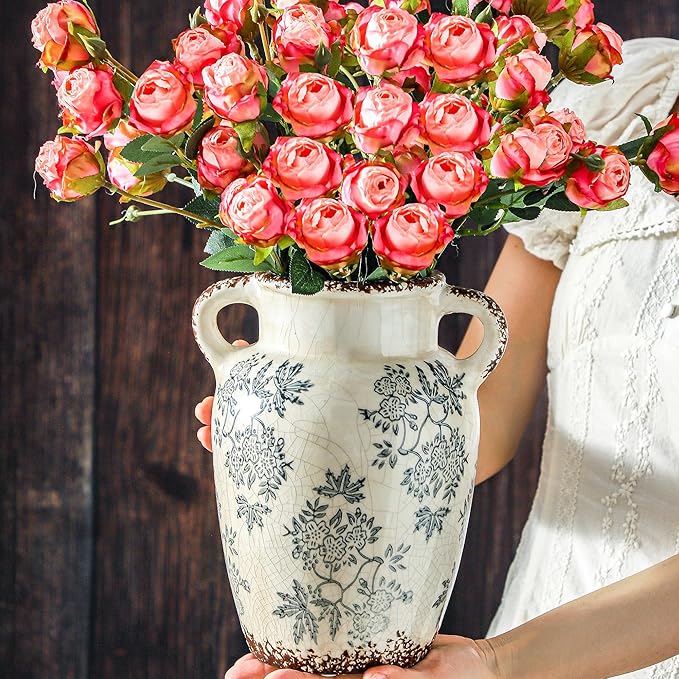 Enra Vintage vase with Handle,9.4 inch Blue and White Ceramic Decorative Flower vase, Chinoiserie Floral Vase,Large Rustic Vases for Home Decors, Living Room, Bookshelf, Office-Ruum Studio Home