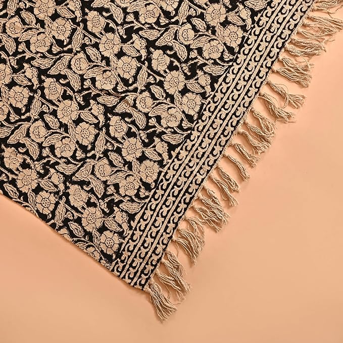 Handmade Cotton Throw Blanket, Floral Block Print, Black and Beige Wrap, 47x71 inches Decorative Woven Throw with Tassels-Ruum Studio Home