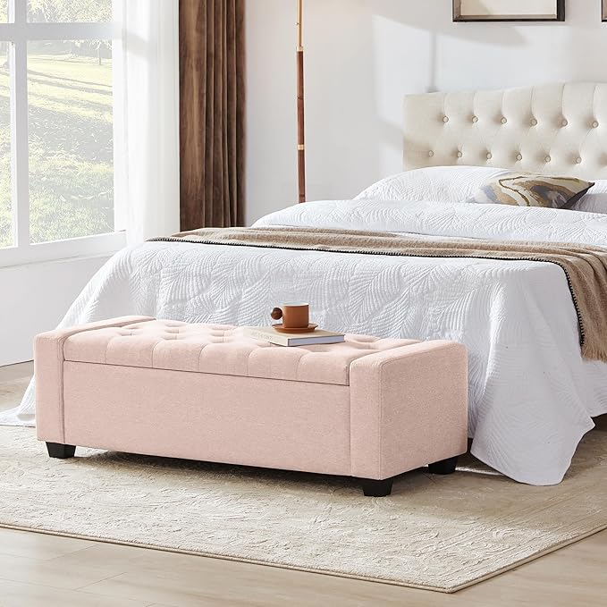 48" Ottoman with Storage, Pink Storage Ottoman Bench with Safety Hinge, Upholstered Entryway Bench with Seating for Bedroom, Living Room, Holds up to 330 lb-Ruum Studio Home