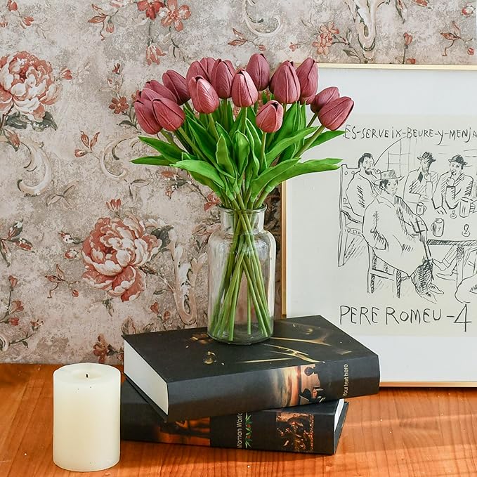 Mandy's Artificial Tulips 20 Stems Mauve PU Faux Flowers for Wedding Home Decor 13.5 Inch-Ruum Studio Home