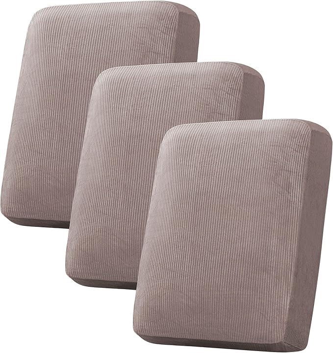 H.VERSAILTEX Velvet Stretch Couch Cushion Cover Plush Cushion Slipcover for Chair Loveseat Sofa Cushion Furniture Protector Seat Cushion Sofa Cover (3 Piece Sofa Cushion Covers, Taupe Striped)-Ruum Studio Home
