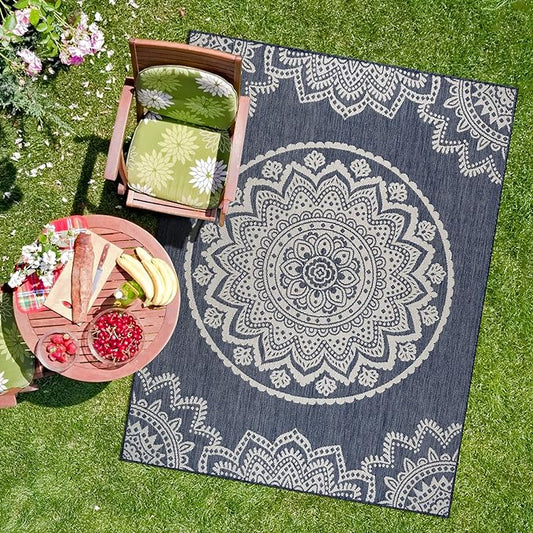 CAMILSON Outdoor Rug 10x14 Modern Area Rugs for Large Indoor and Outdoor Patios and Porches - Waterproof Washable Non-Shedding Easy-to-Clean Outside Carpet (10 x 14, Medallion - Blue/White)-Ruum Studio Home