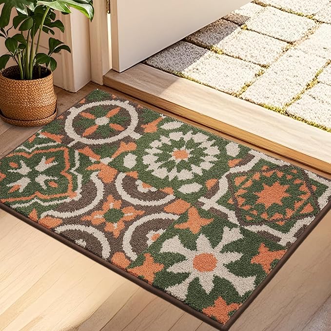BEQHAUSE Dirt Trapper Door Mat 20" x 32", Non-Slip Entryway Rugs Washable, Floor Mat Stain Resistant and Absorbent Welcome Mat for Front Back Door, Muddy Wet Shoes & Paws, Boho Geometric Floral-Ruum Studio Home
