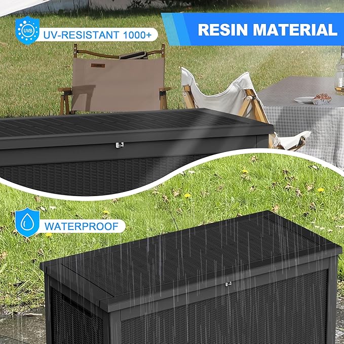 260 Gallon Deck Box XXL Large Outdoor Storage for Patio Furniture,Outdoor Cushions,Garden Tools and Pool Supplies,Waterproof,Resin,Lockable(Black Rattan)-Ruum Studio Home